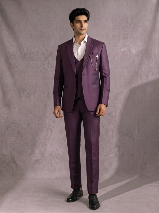 CLUB AK Men's Premium Wine Purple Three-Piece Suit for Men | Designer Wedding & Party Wear