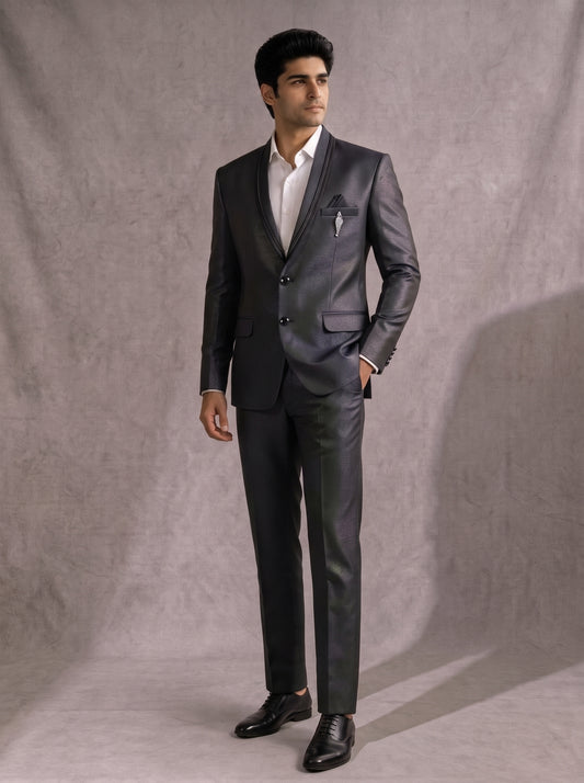 CLUB AK Men's Premium Metallic Grey Two-Piece Suit for Men | Designer Wedding & Reception Outfit