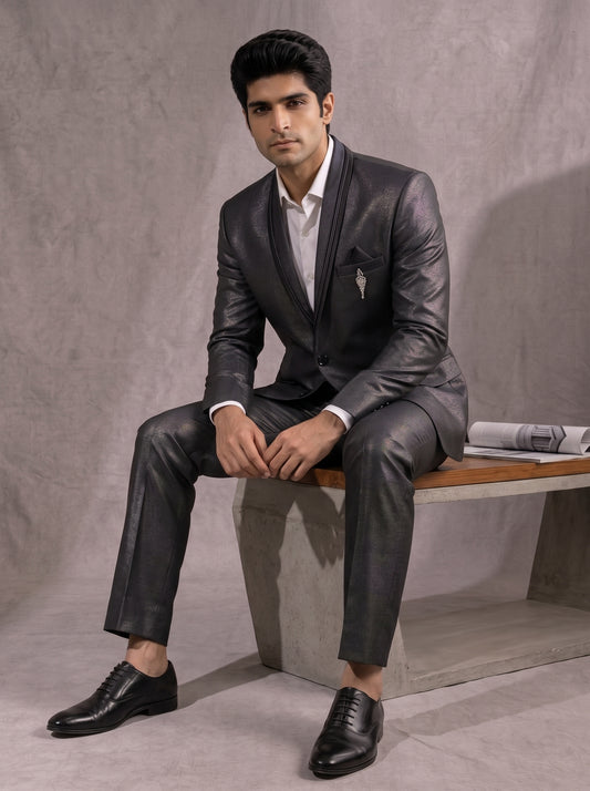 CLUB AK Men's Premium Metallic Grey Two-Piece Suit for Men | Designer Wedding & Reception Outfit