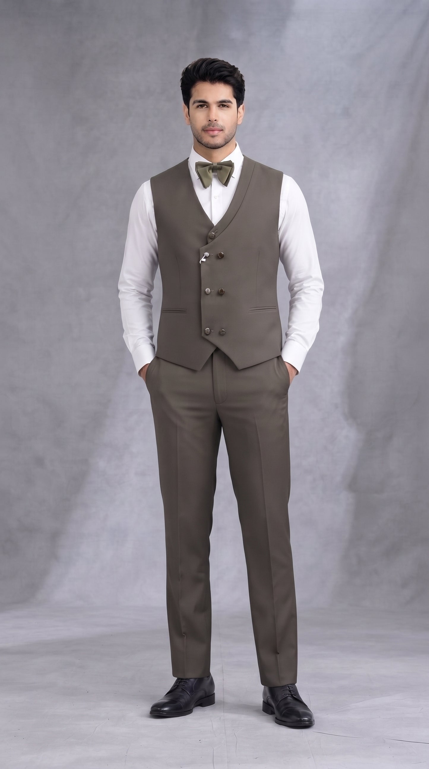 Club AK Men's Olive Grey Embroidered Tuxedo Suit with Satin Shawl Lapel | Premium Groom Wedding & Cocktail Suit