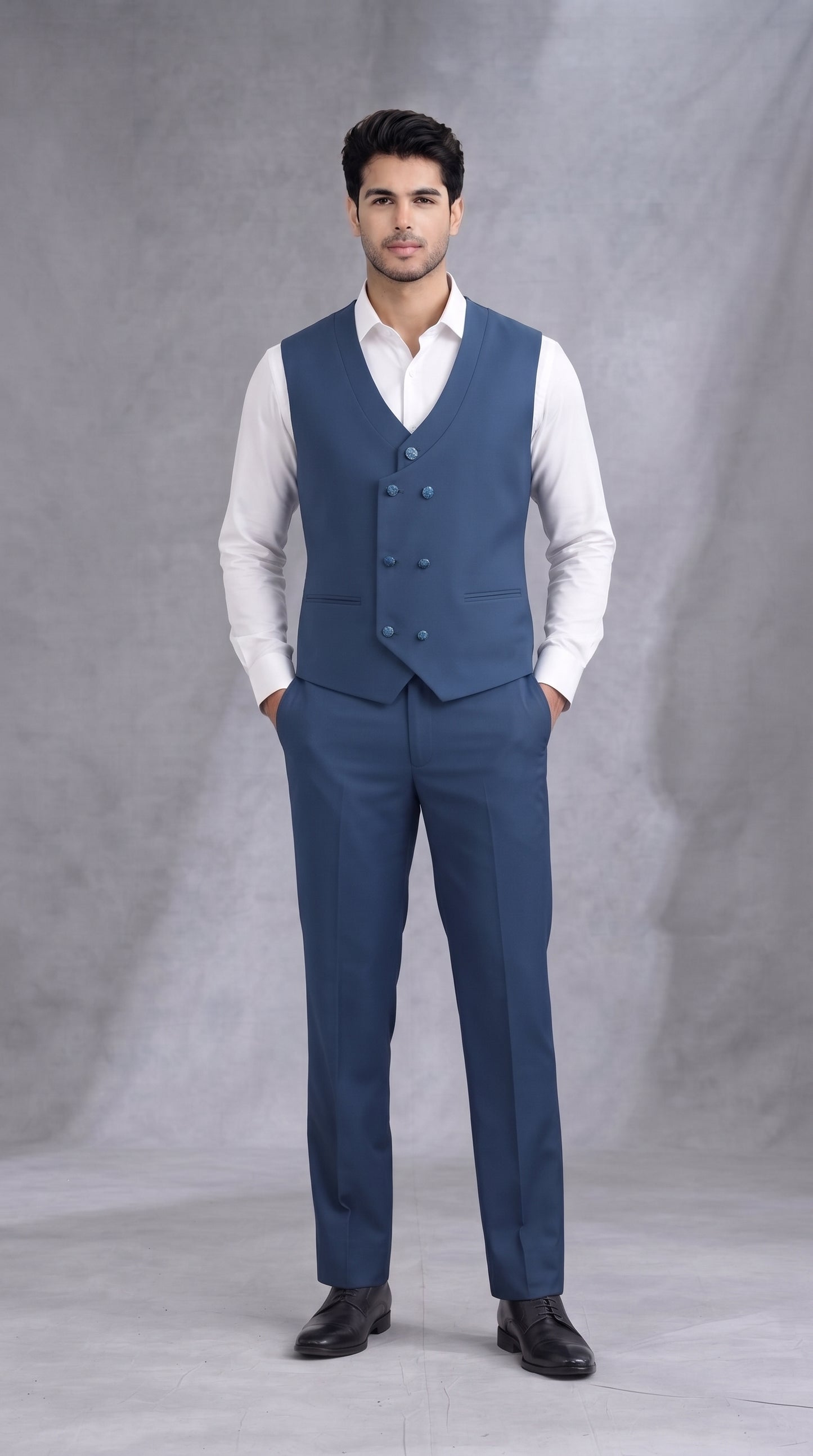 Club AK Men's Steel Blue Embroidered Tuxedo Suit with Satin Shawl Lapel | Luxury Wedding, Reception & Party Wear