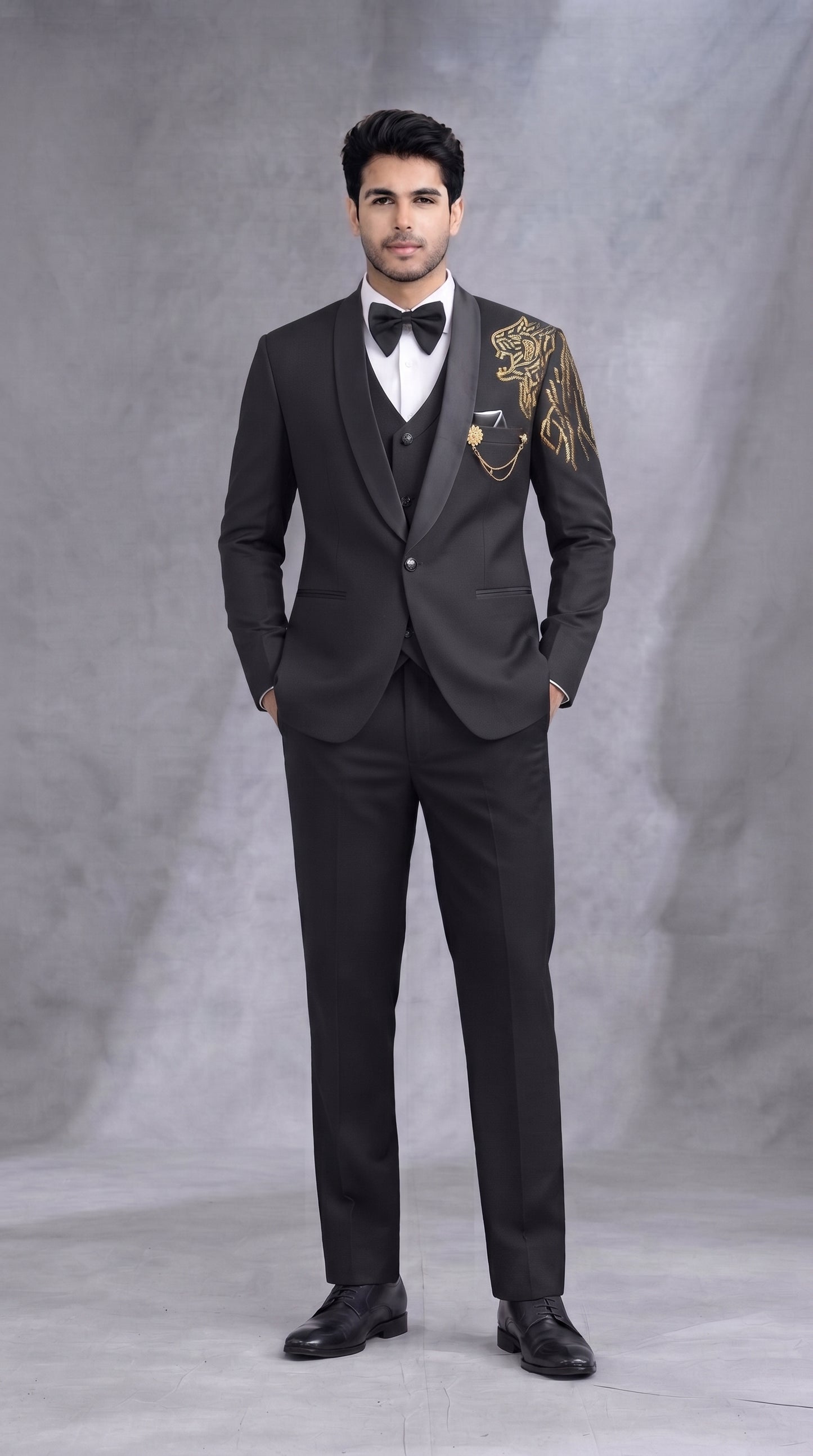 Club AK Men's Black Embroidered Tuxedo Suit with Gold Tiger Embroidery | Designer Luxury Wedding & Reception Wear