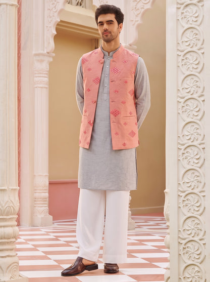 Club AK Men's Grey Kurta Pajama with Peach Embroidered Nehru Jacket – Premium Wedding, Festive & Ethnic Wear