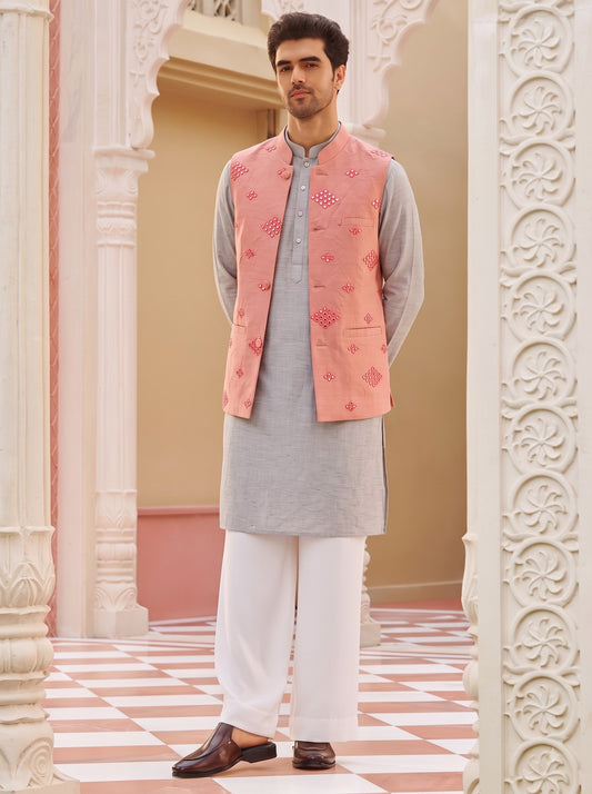 Club AK Men's Grey Kurta Pajama with Peach Embroidered Nehru Jacket – Premium Wedding, Festive & Ethnic Wear