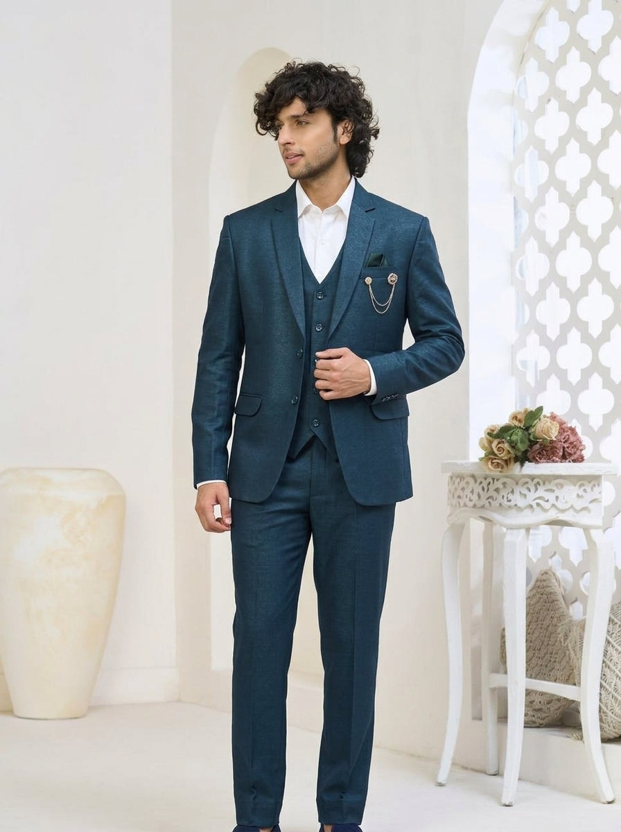 Club AK Men's Royal Teal Blue Tailored Three-Piece Suit for Wedding, Reception & Premium Formal Wear