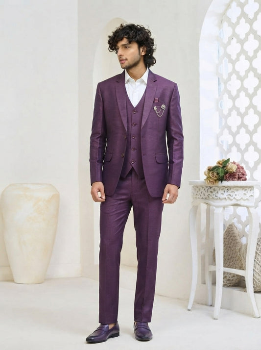 Club AK Men's Vintage Mauve Purple Three-Piece Suit with Premium Blazer, Waistcoat & Trousers