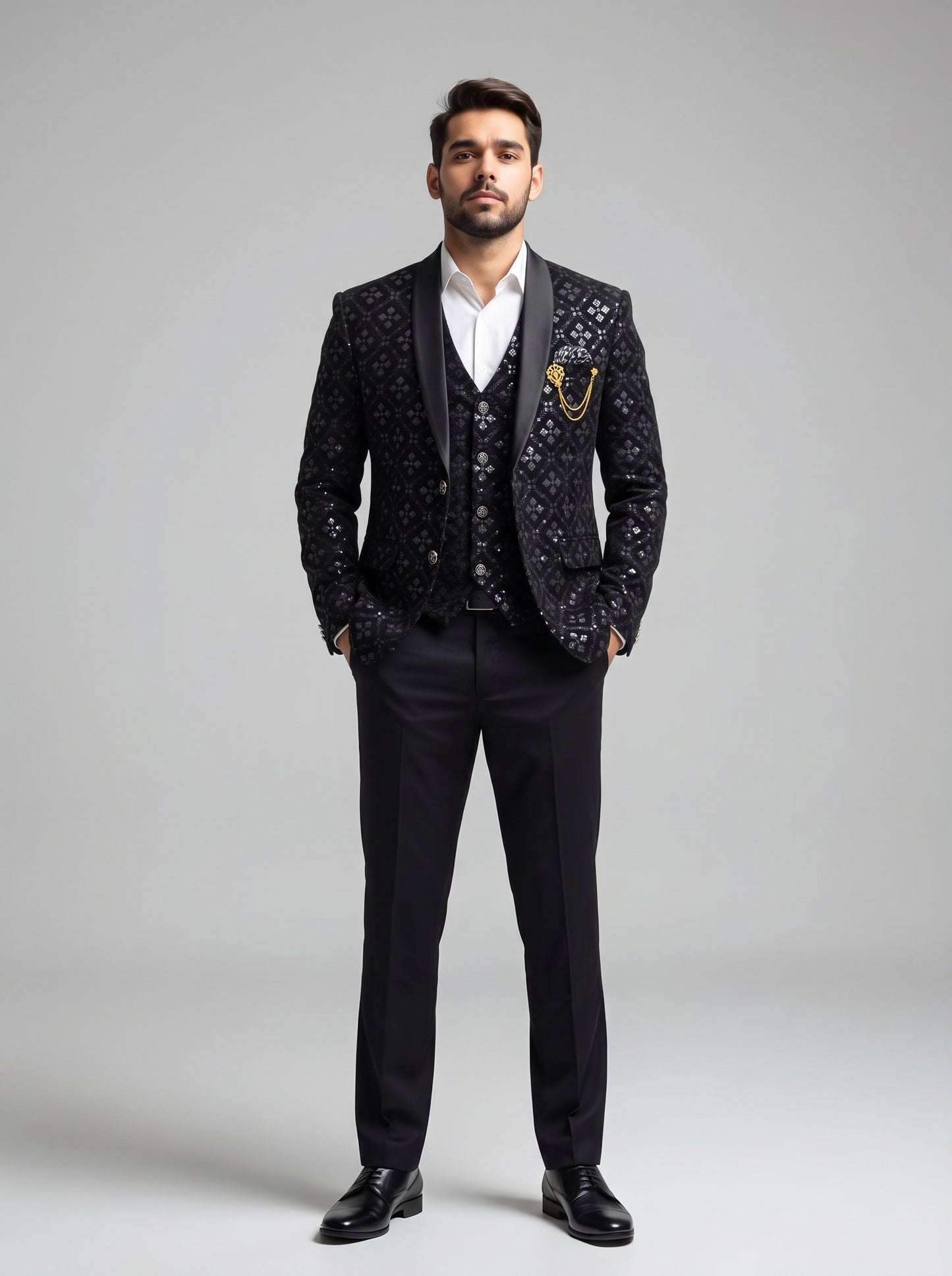 Club AK Men's Premium Black Embellished Three-Piece Tuxedo Suit with Satin Shawl Lapel