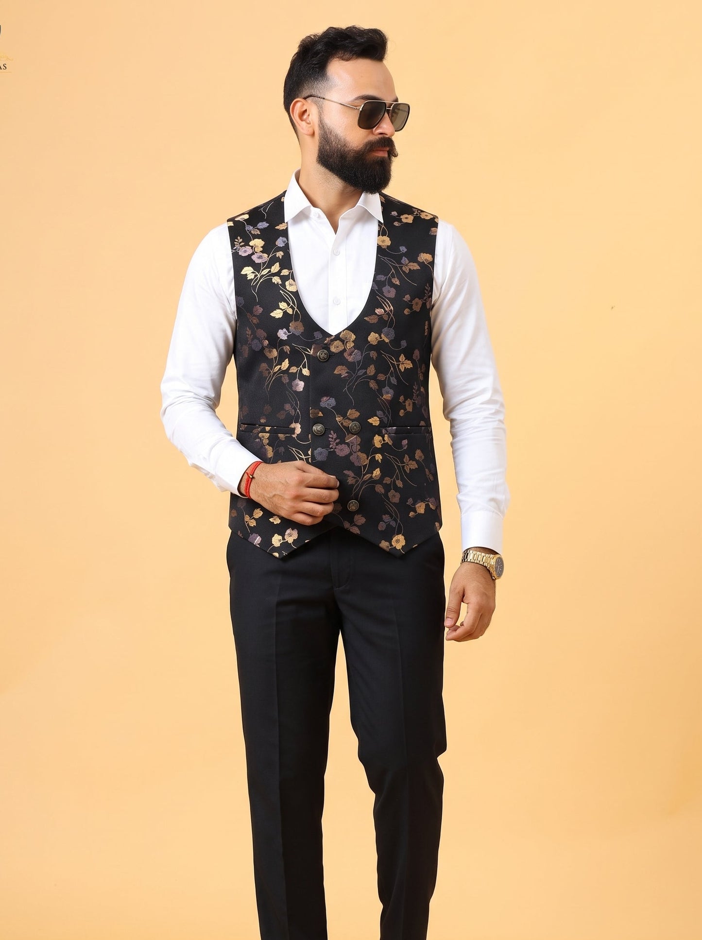 Club AK Men's Premium Black 3 Piece Suit Set with Floral Printed Double Breasted Waistcoat