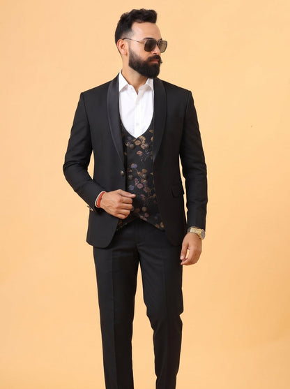 Club AK Men's Premium Black 3 Piece Suit Set with Floral Printed Double Breasted Waistcoat