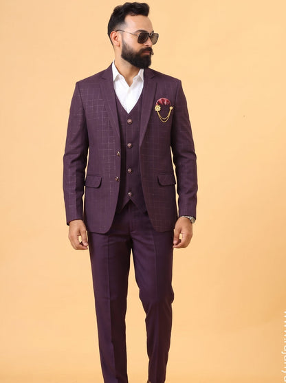 Club AK Men's Premium Wine Checkered 3 Piece Suit for Men | Slim Fit Blazer, Waistcoat & Trouser Set