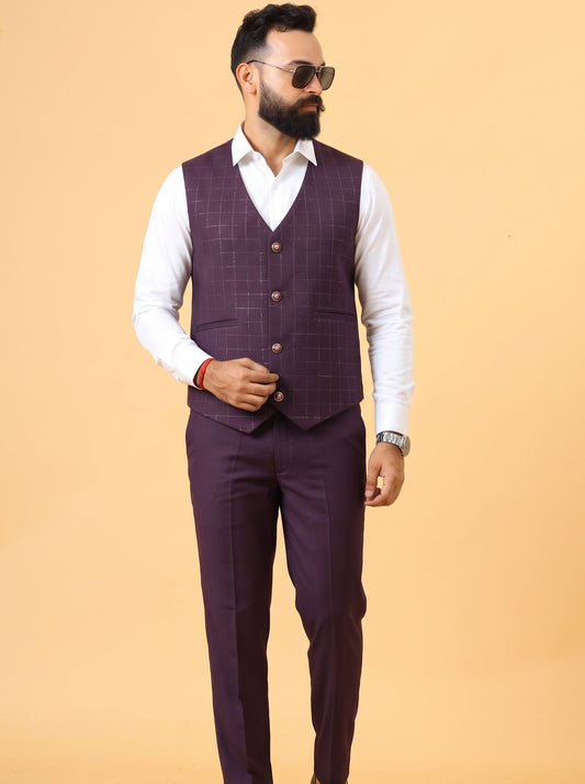 Club AK Men's Premium Wine Checkered 3 Piece Suit