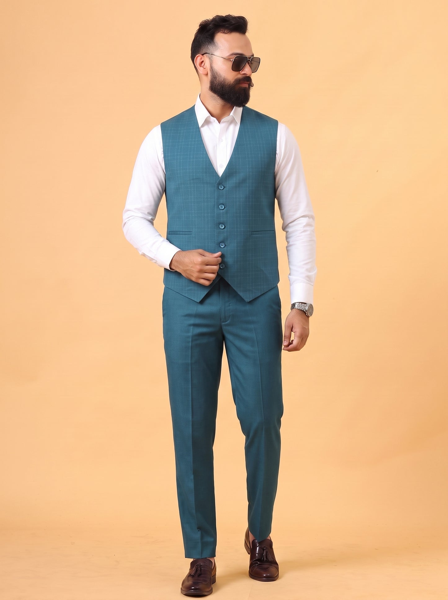 Club AK Men's Teal Blue 3 Piece Suit for Men | Premium Slim Fit Checked Blazer, Waistcoat and Trouser Set