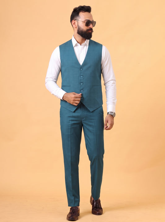 Club AK Men's Teal Blue 3 Piece Suit for Men | Premium Slim Fit Checked Blazer, Waistcoat and Trouser Set