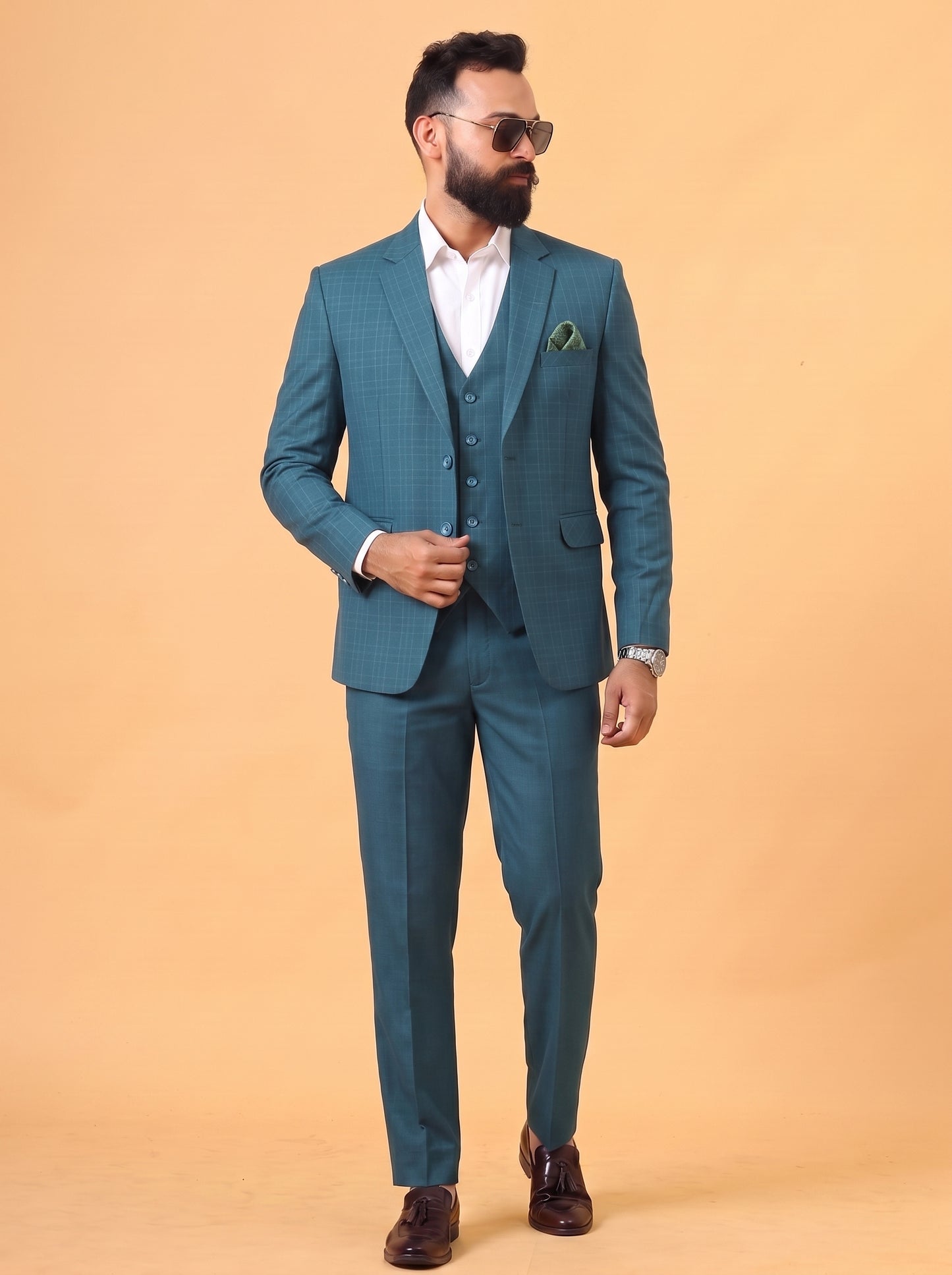 Club AK Men's Teal Blue 3 Piece Suit for Men | Premium Slim Fit Checked Blazer, Waistcoat and Trouser Set