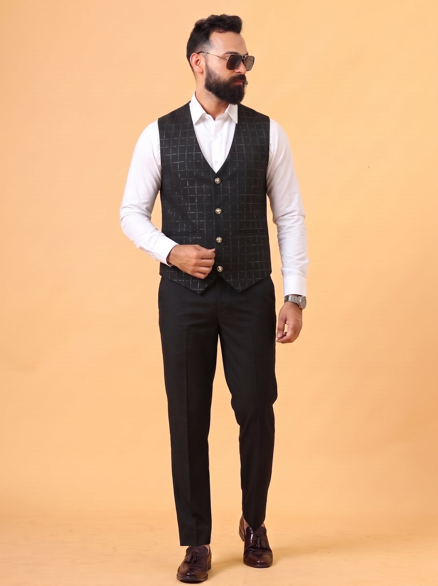 Club AK Men's Black Checked 3 Piece Suit for Men | Premium Slim Fit Blazer, Double Breasted Waistcoat and Trouser Set