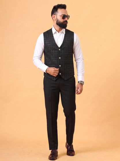 Club AK Men's Black Checked 3 Piece Suit for Men | Premium Slim Fit Blazer, Double Breasted Waistcoat and Trouser Set