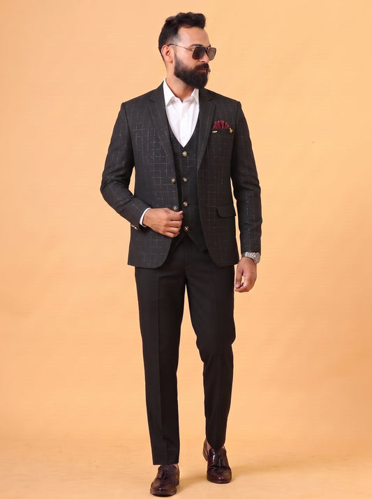 Club AK Men's Black Checked 3 Piece Suit for Men | Premium Slim Fit Blazer, Double Breasted Waistcoat and Trouser Set