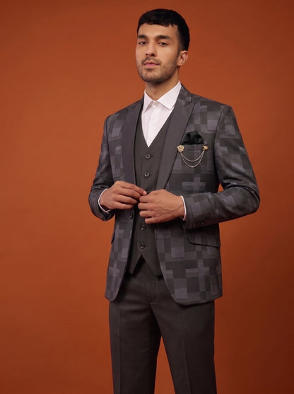 Club AK Men's Charcoal Grey Checkered Three Piece Suit