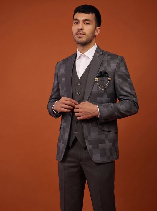 Club AK Men's Charcoal Grey Checkered Three Piece Suit