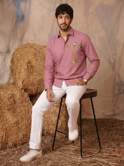 Club AK Men’s Premium Embroidered Casual Shirt with Bird & Tree Embroidery | Stylish Full Sleeve