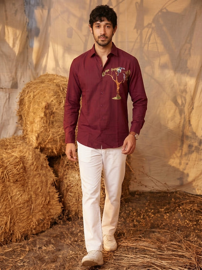 Club AK Men’s Premium Embroidered Casual Shirt with Bird & Tree Embroidery | Stylish Full Sleeve