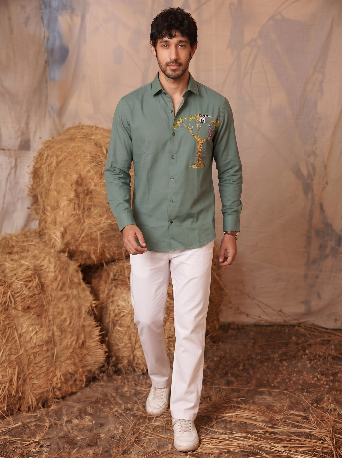 Club AK Men’s Premium Embroidered Casual Shirt with Bird & Tree Embroidery | Stylish Full Sleeve