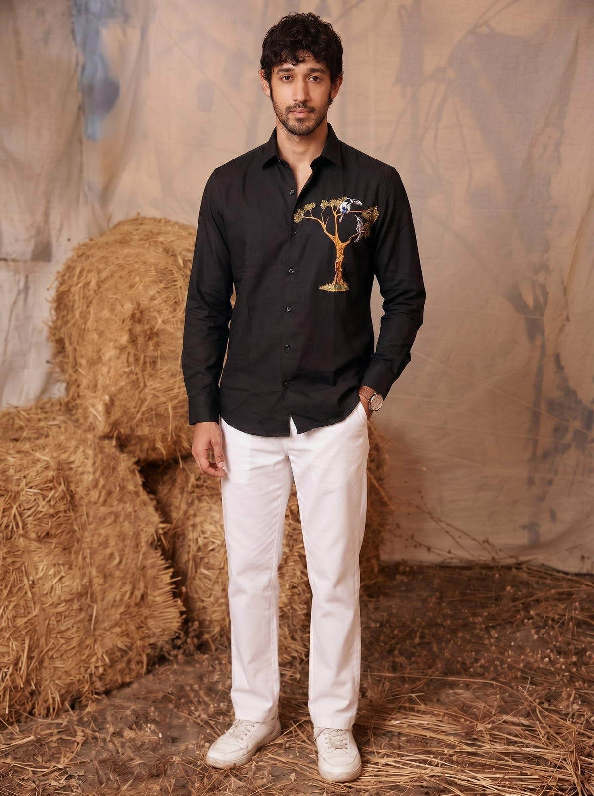 Club AK Men’s Premium Embroidered Casual Shirt with Bird & Tree Embroidery | Stylish Full Sleeve