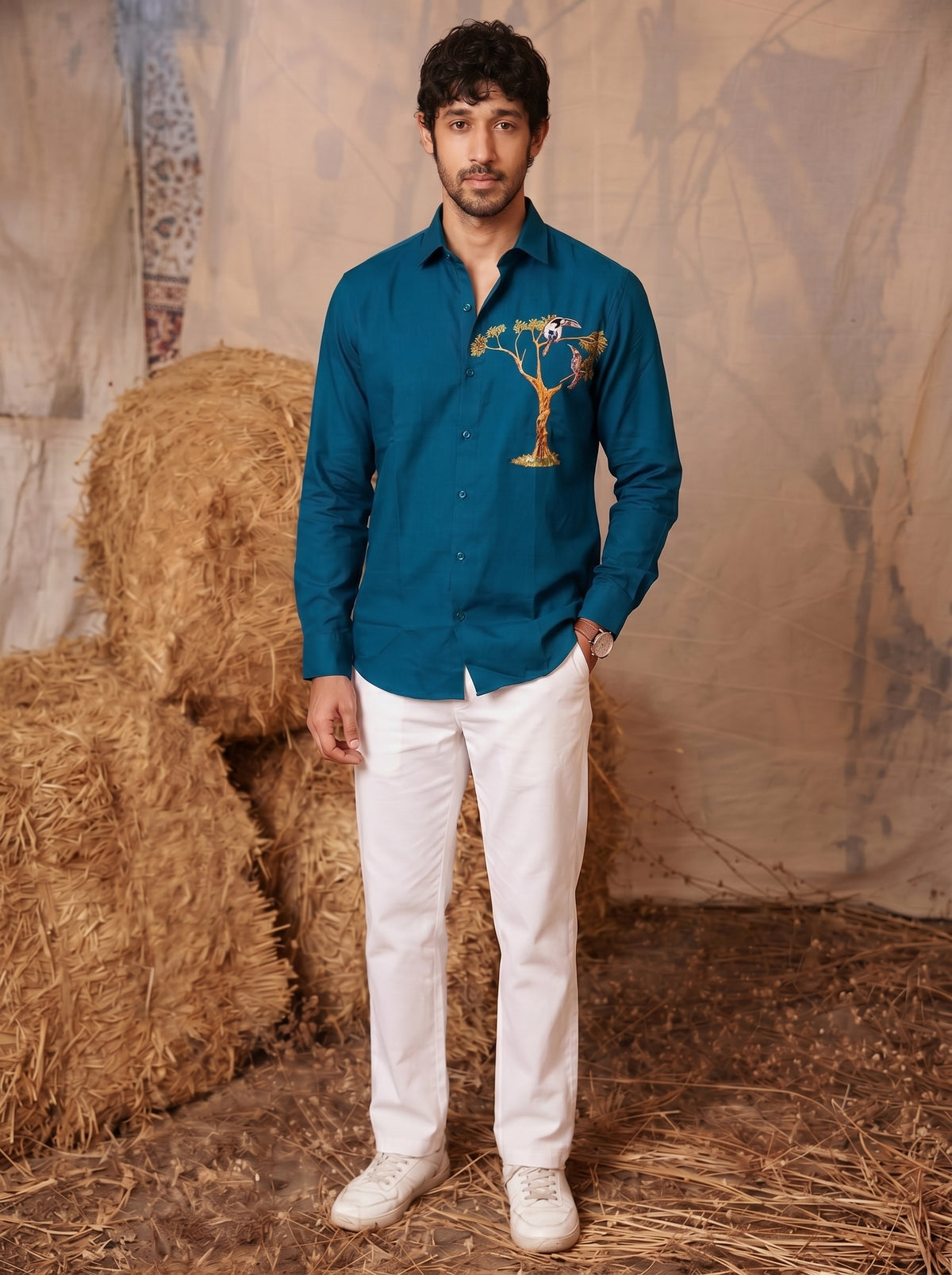 Club AK Men’s Premium Embroidered Casual Shirt with Bird & Tree Embroidery | Stylish Full Sleeve