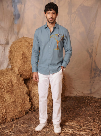 Club AK Men’s Premium Embroidered Casual Shirt with Bird & Tree Embroidery | Stylish Full Sleeve