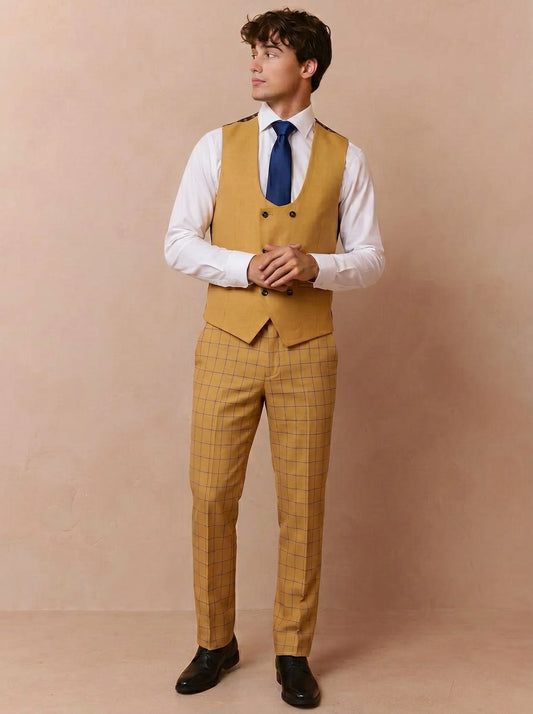 Mustard Gold Checkered 3 Piece Suit for Men