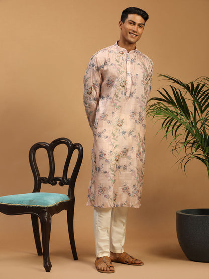 Pink floral kurta fabric close-up