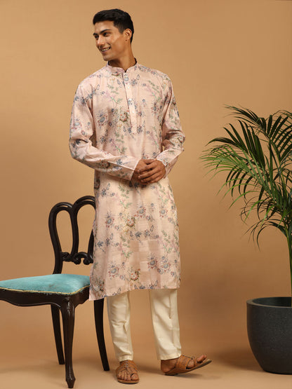 Men’s Pink Floral Printed Silk Blend Kurta With Cream Solid Viscose Pant Set