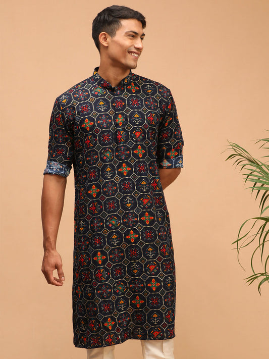 Men’s Blue Printed Rayon Kurta