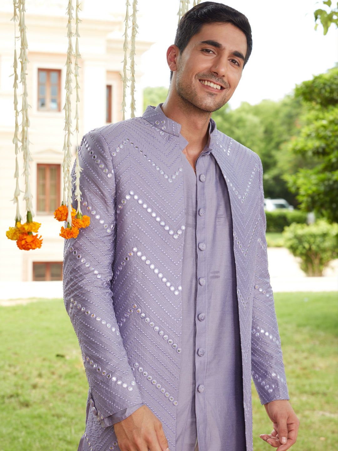Men’s Purple Solid Kurta Pant Set With Mirror Over Coat Combo Set