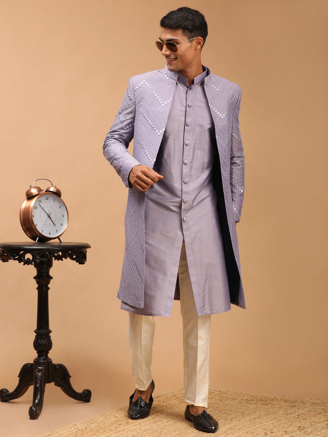 Men’s Purple Solid Kurta Pant Set With Mirror Over Coat Combo Set