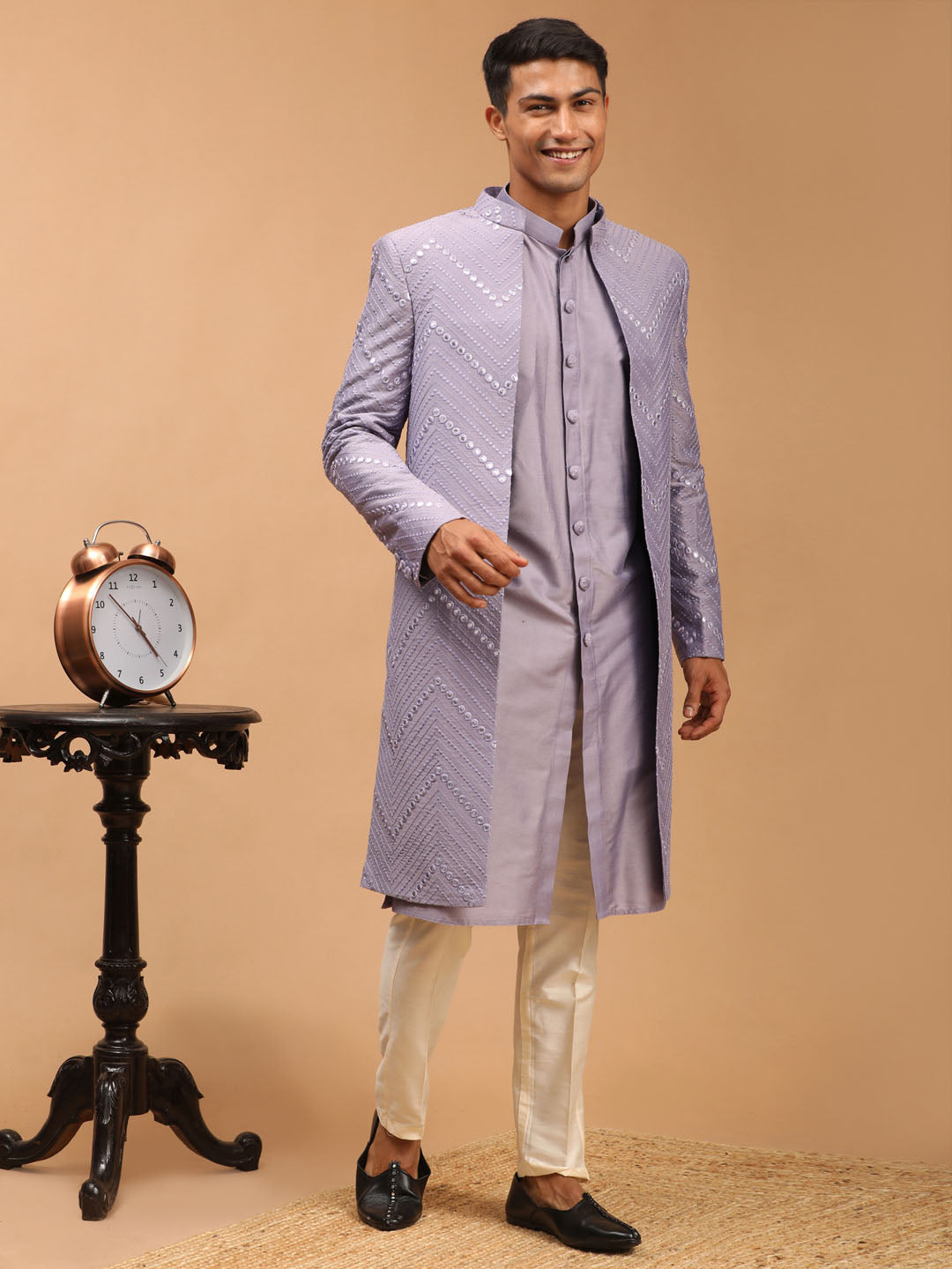 Men’s Purple Solid Kurta Pant Set With Mirror Over Coat Combo Set