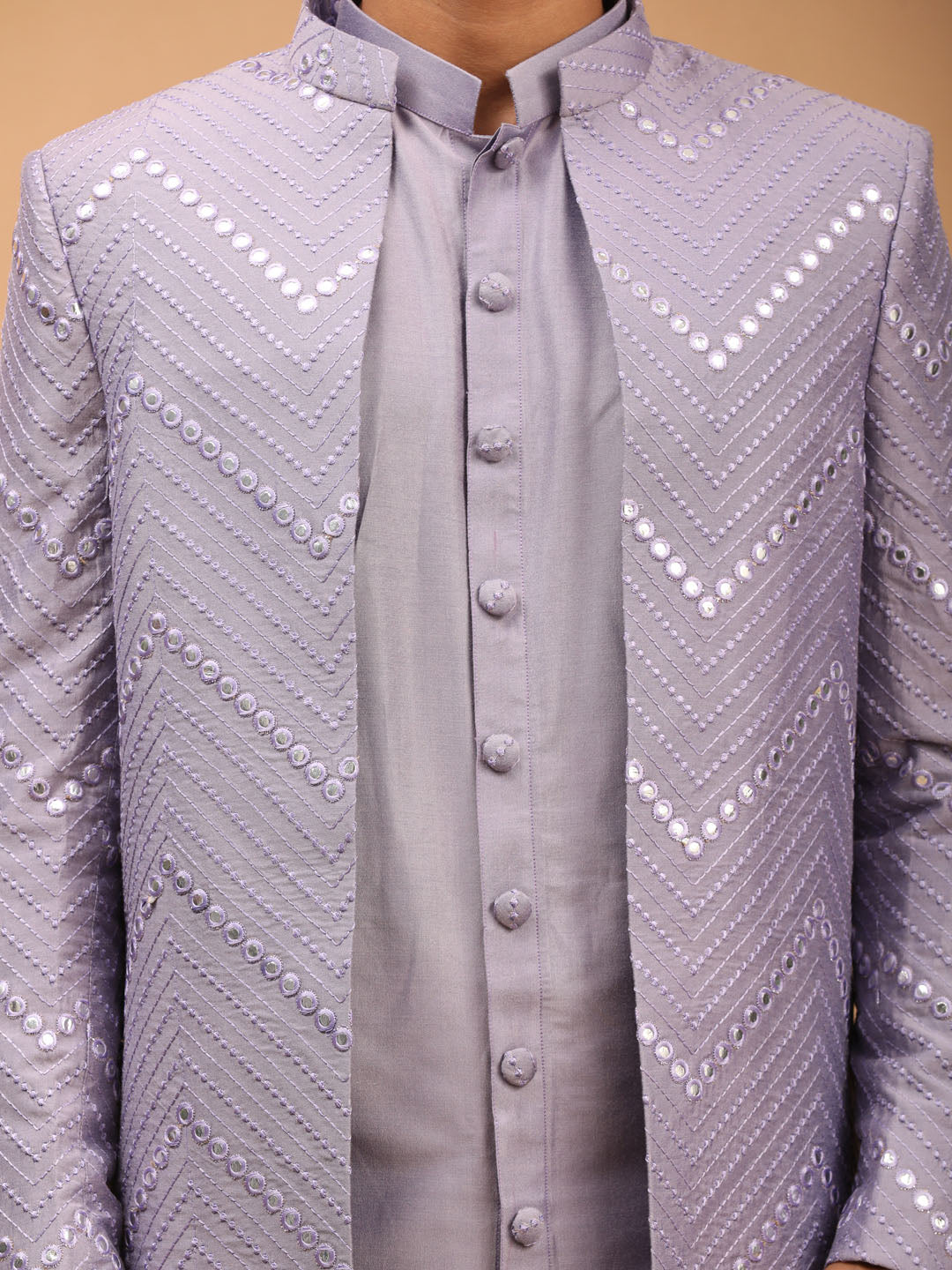 Men’s Purple Solid Kurta Pant Set With Mirror Over Coat Combo Set