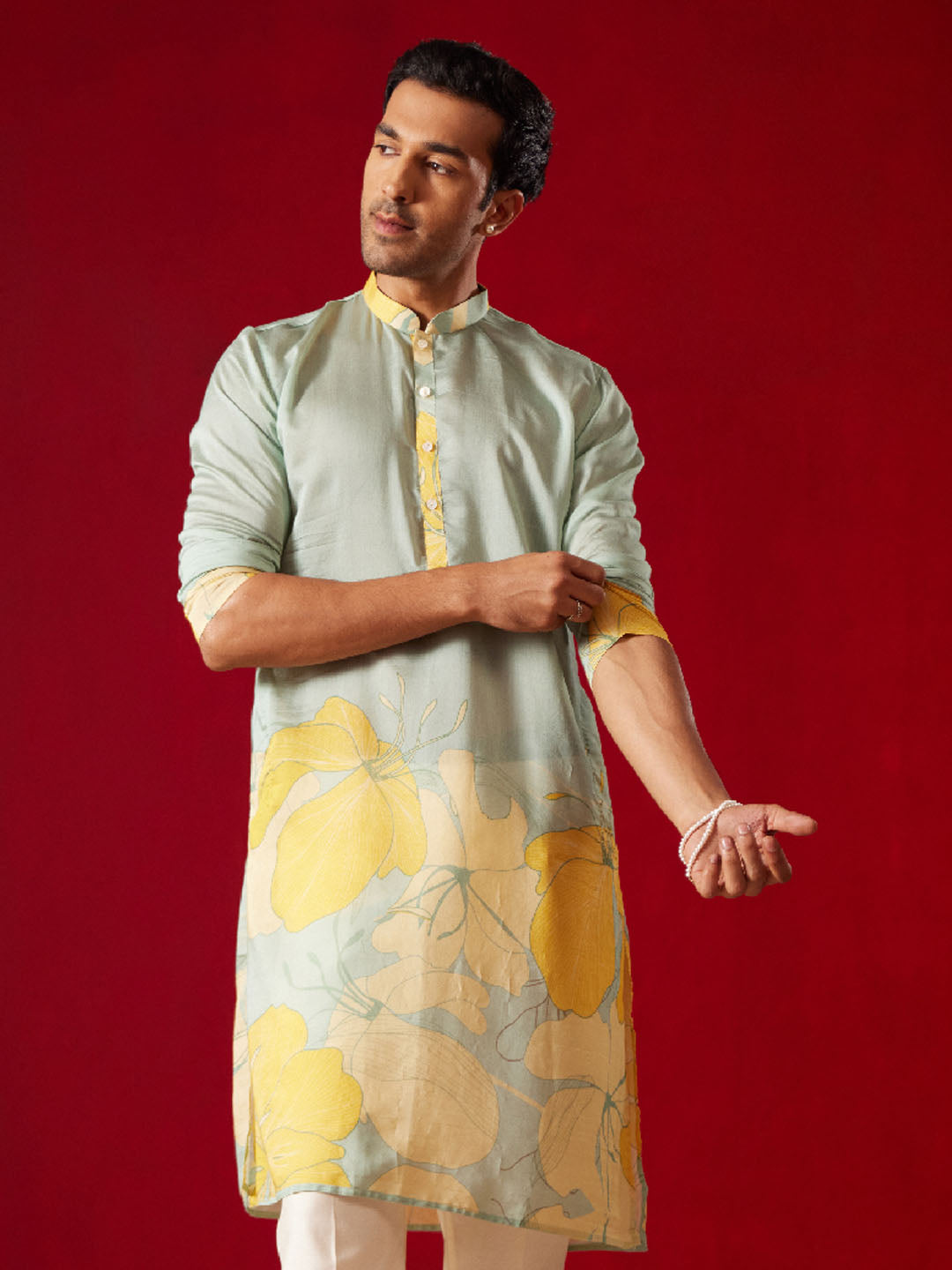 Men’s Multicolor Base Yellow Cotton Printed Kurta