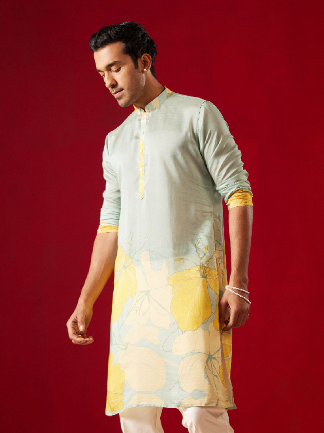 Men’s Multicolor Base Yellow Cotton Printed Kurta