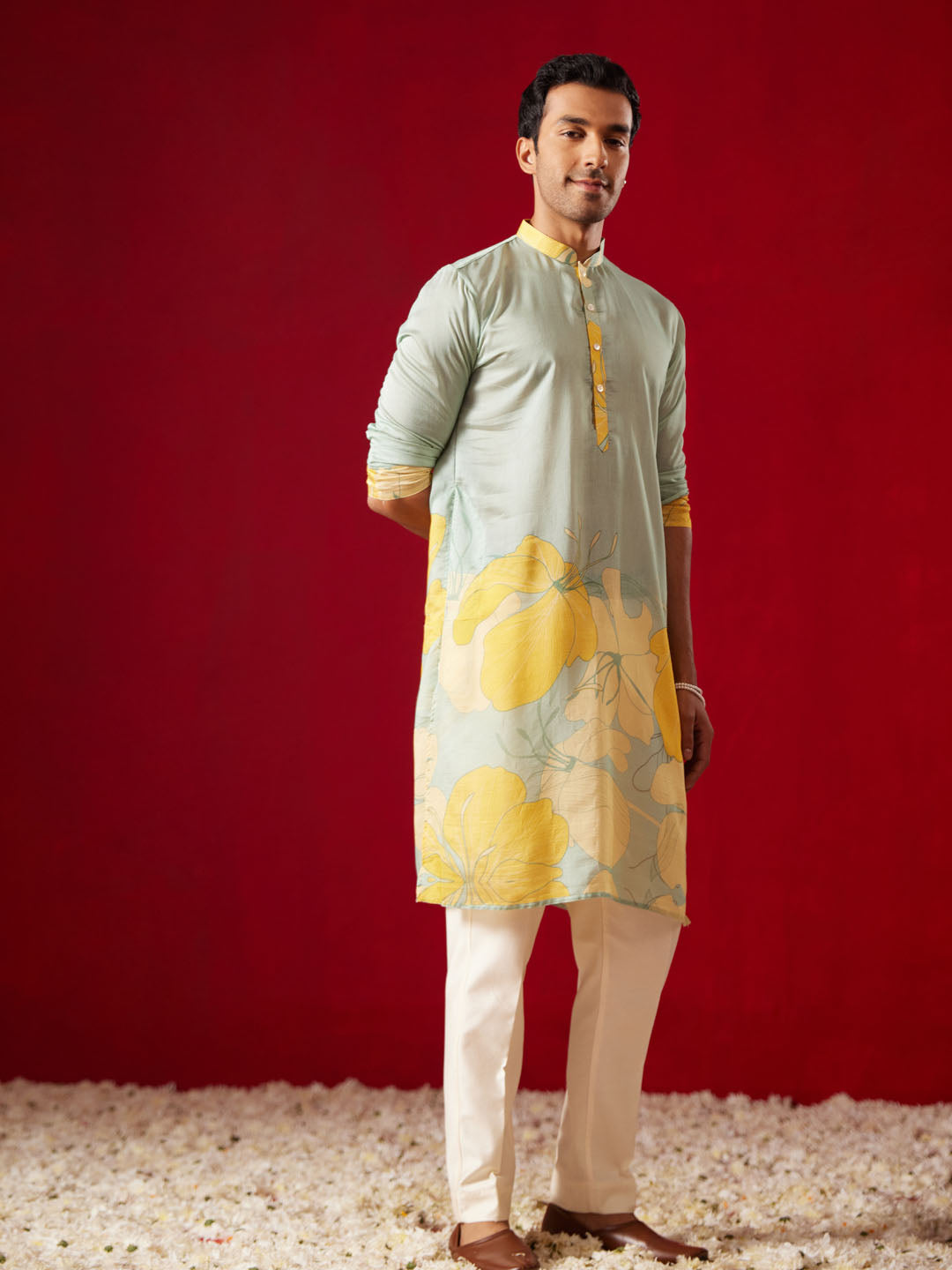 Men’s Multicolor Base Yellow Cotton Printed Kurta