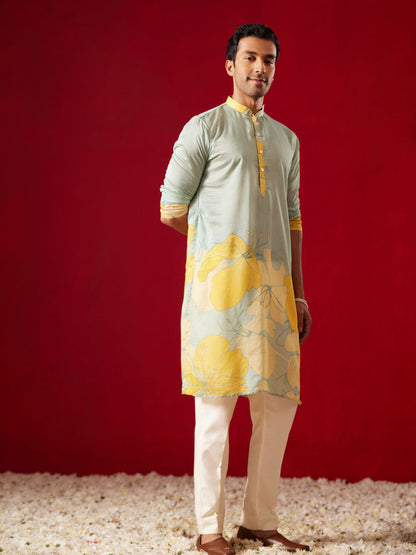 Men’s Multicolor Base Yellow Cotton Printed Kurta