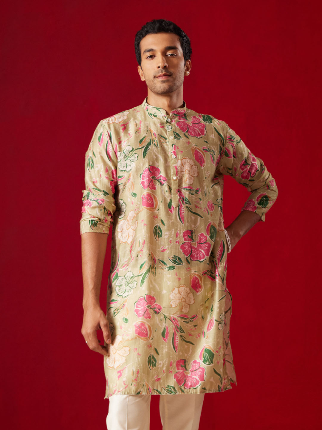 Men’s Multicolor Base Beige Cotton Printed Kurta