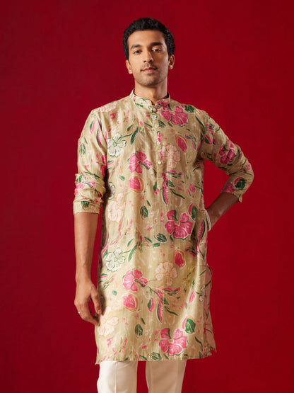 Men’s Multicolor Base Beige Cotton Printed Kurta