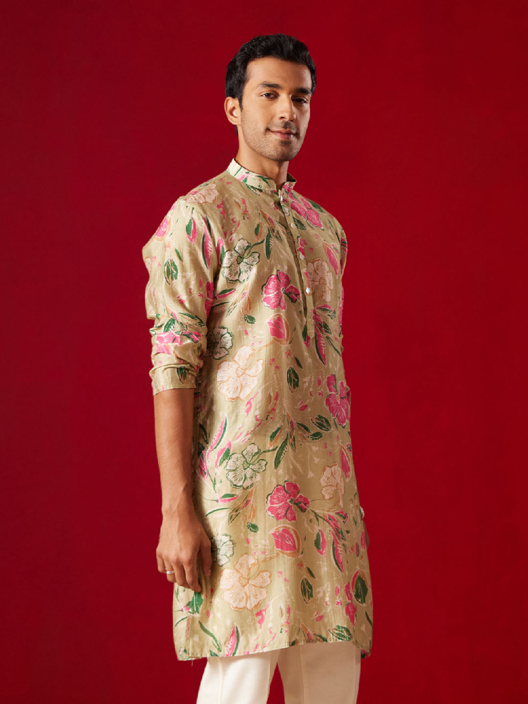 Men’s Multicolor Base Beige Cotton Printed Kurta