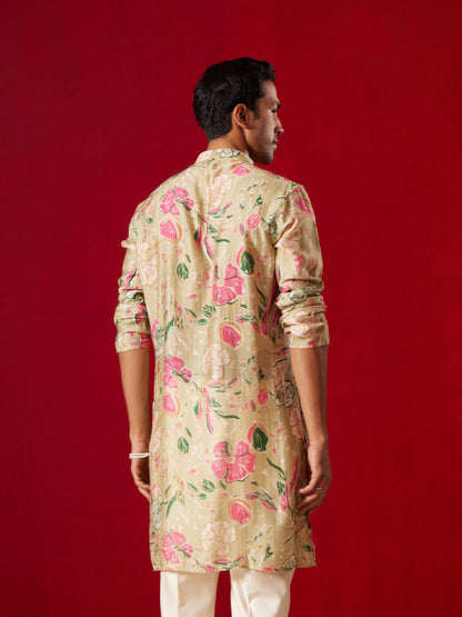 Men’s Multicolor Base Beige Cotton Printed Kurta