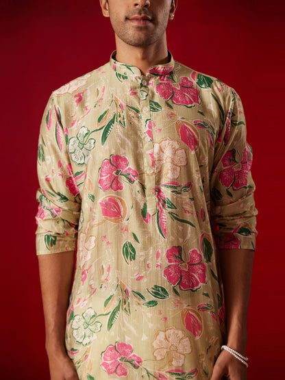 Men’s Multicolor Base Beige Cotton Printed Kurta