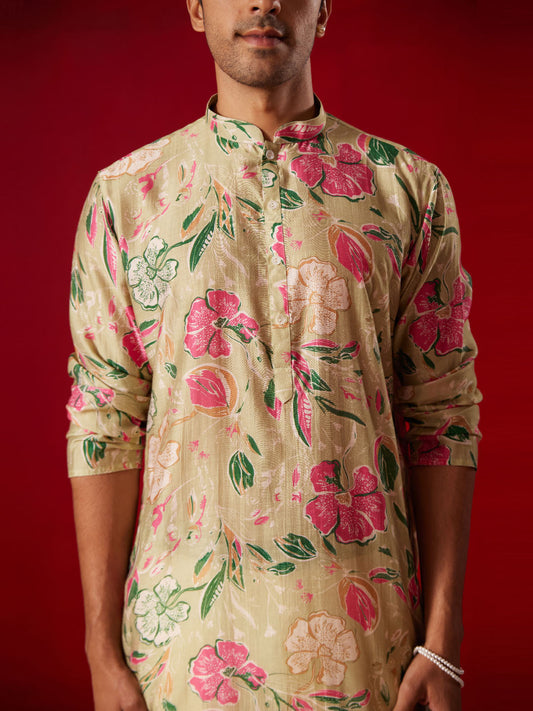 Men’s Multicolor Base Beige Cotton Printed Kurta