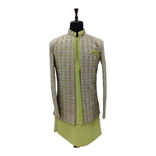 Men’s Cream & Golden Printed Ethnic Shrug | Wedding & Party Wear Jodhpuri Coat