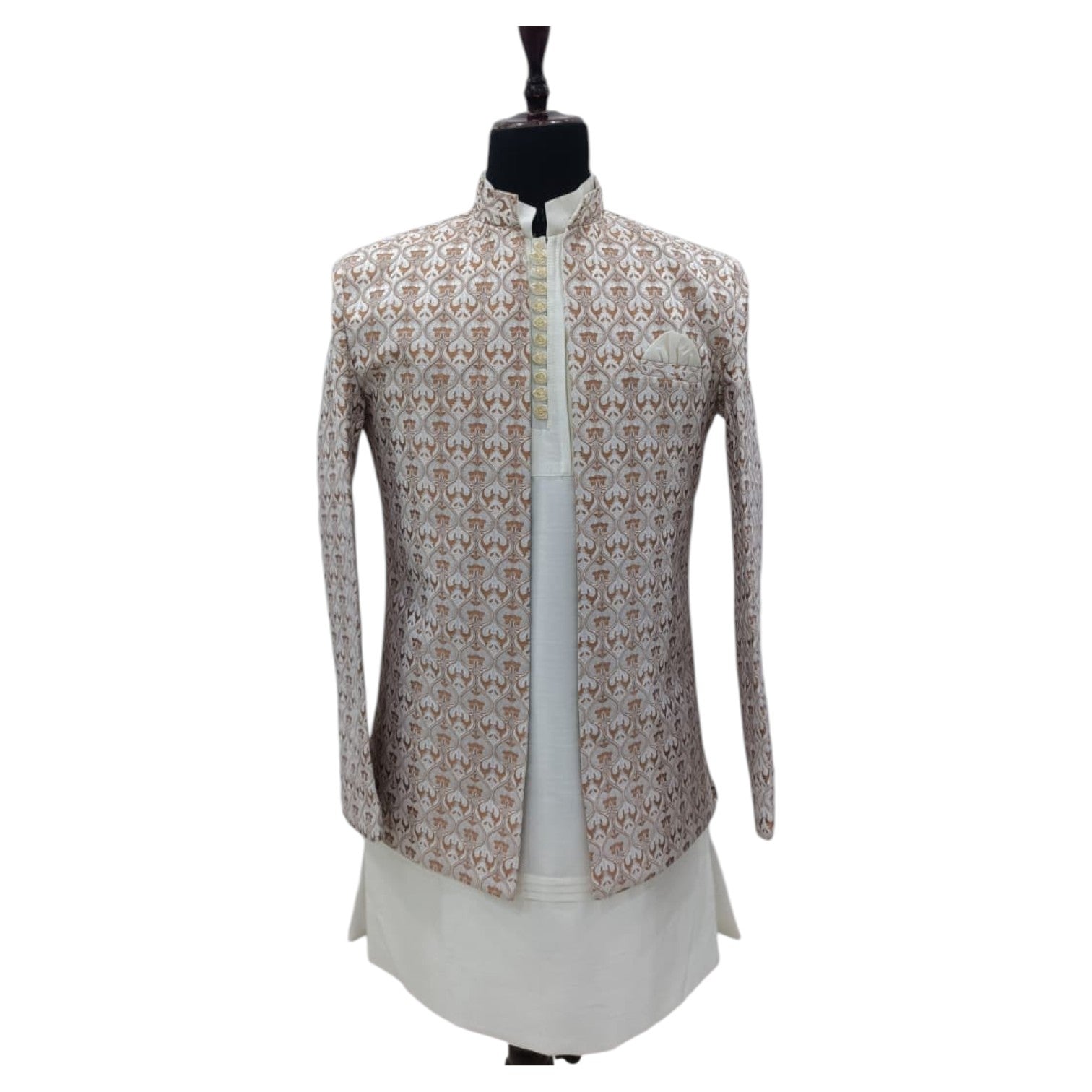Men’s Cream & Golden Printed Ethnic Shrug | Wedding & Party Wear Jodhpuri Coat
