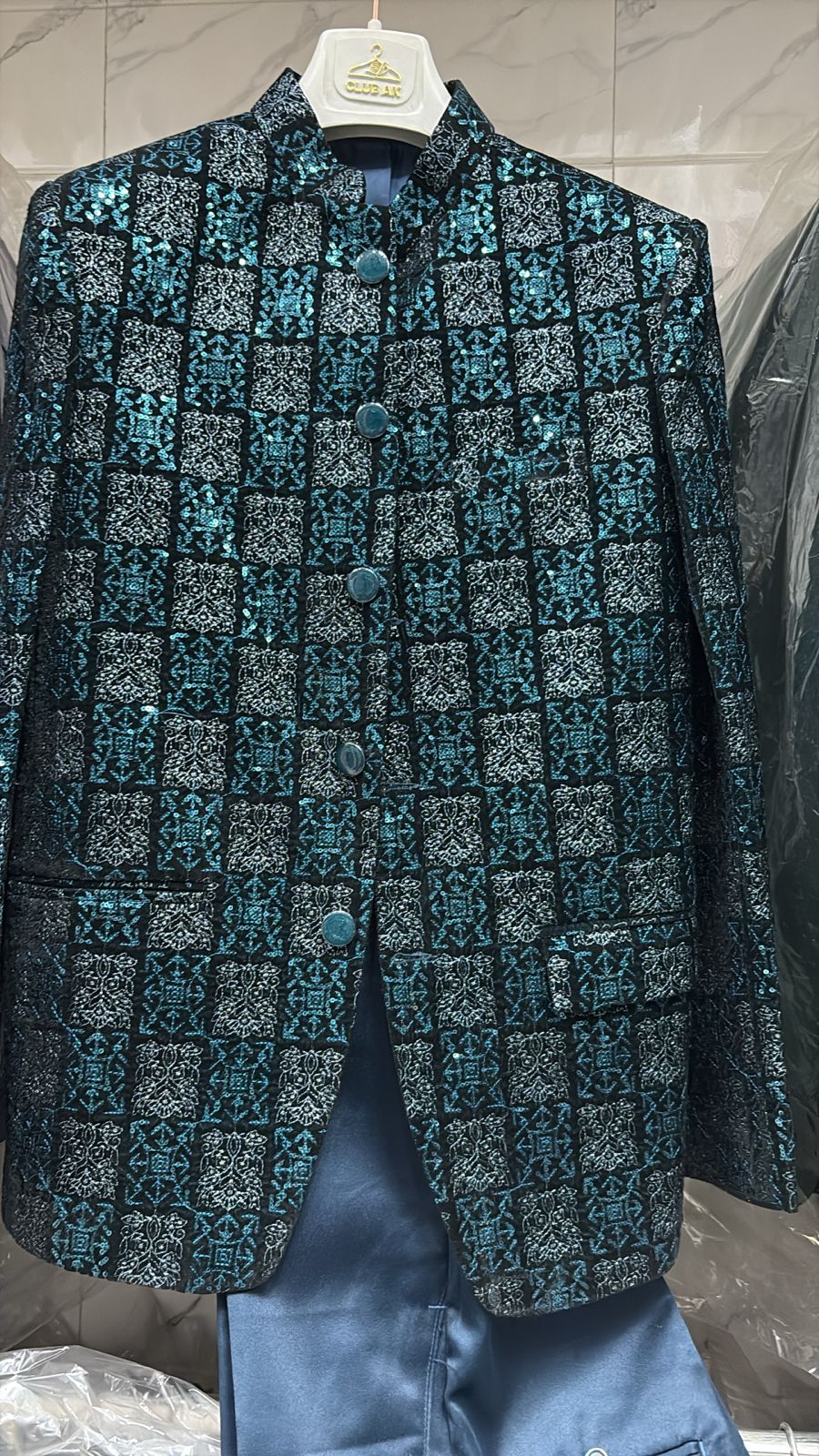 Jodhpuri Peacock Blue velvet Suits with Pant for Men for Wedding